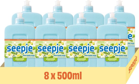 Acht flessen Seepje afwasmiddel met limoengeur. De flessen zijn lichtblauw met een wit pompje en een geel label met groene tekst. Tekst: 8 x 500ml.