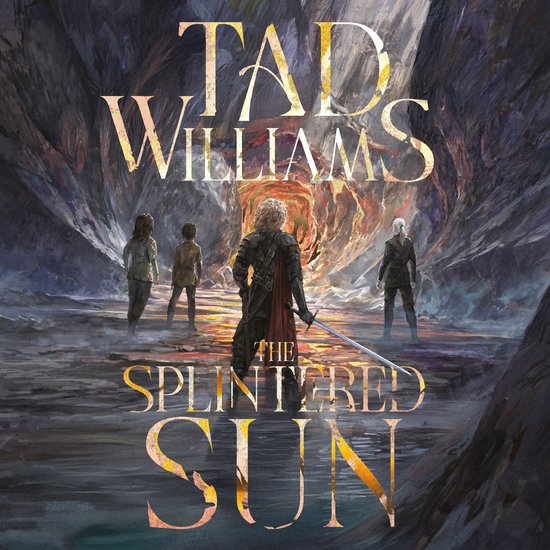 De cover van het boek 'The Splintered Sun' van Tad Williams toont vier figuren in een grot, met de titel prominent aanwezig.