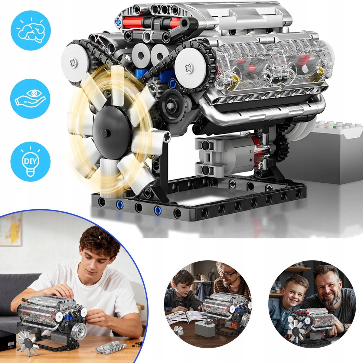 552-Delige V8-Motor Modelbouwset Met Motor - Realistische Transmissie En Vliegwiel Gemaakt Van Veilig ABS-Materiaal Educatief STEM-Speelgoed - Perfect Cadeau Voor Kinderen En Tieners