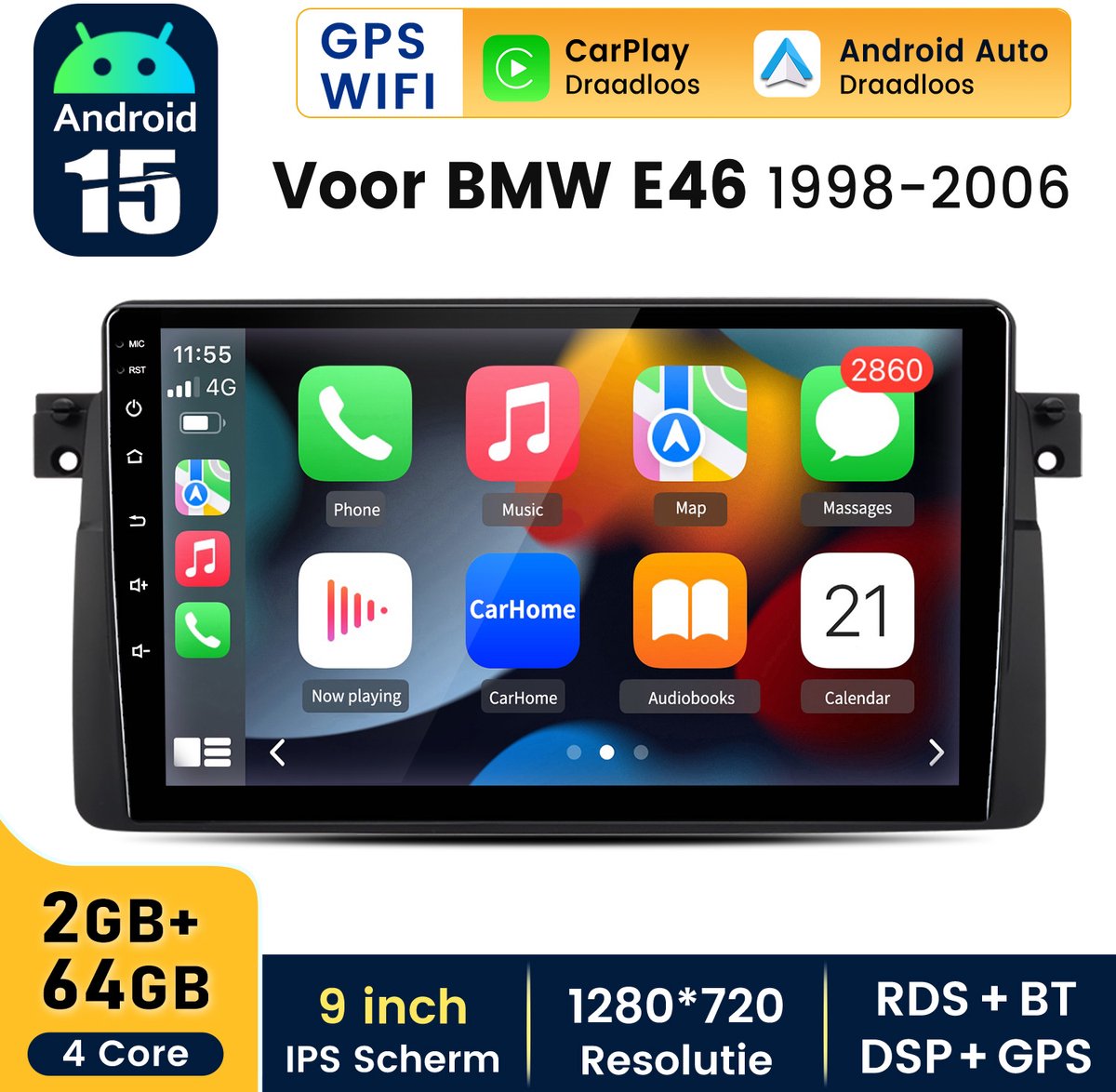 Hexinexmarket Autoradio Geschikt Voor BMW E46 (1998-2006) - Draadloos CarPlay, Android Auto, GPS Navi, multimediaspeler - 2GB+64GB