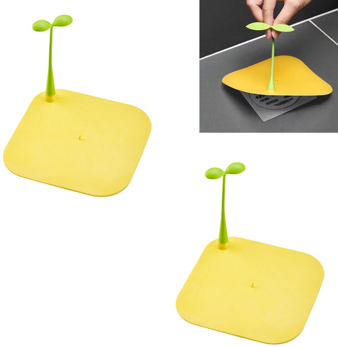 2-stuks Afvoerstop - afdekking voor gootsteenafvoer - Afvoermat voor badkamer - 15x15 cm - rubber - Geschikt voor het afdekken van afvoeren om geurtjes te voorkomen - Geschikt voor keukens, badkamers en wastafels - Geel