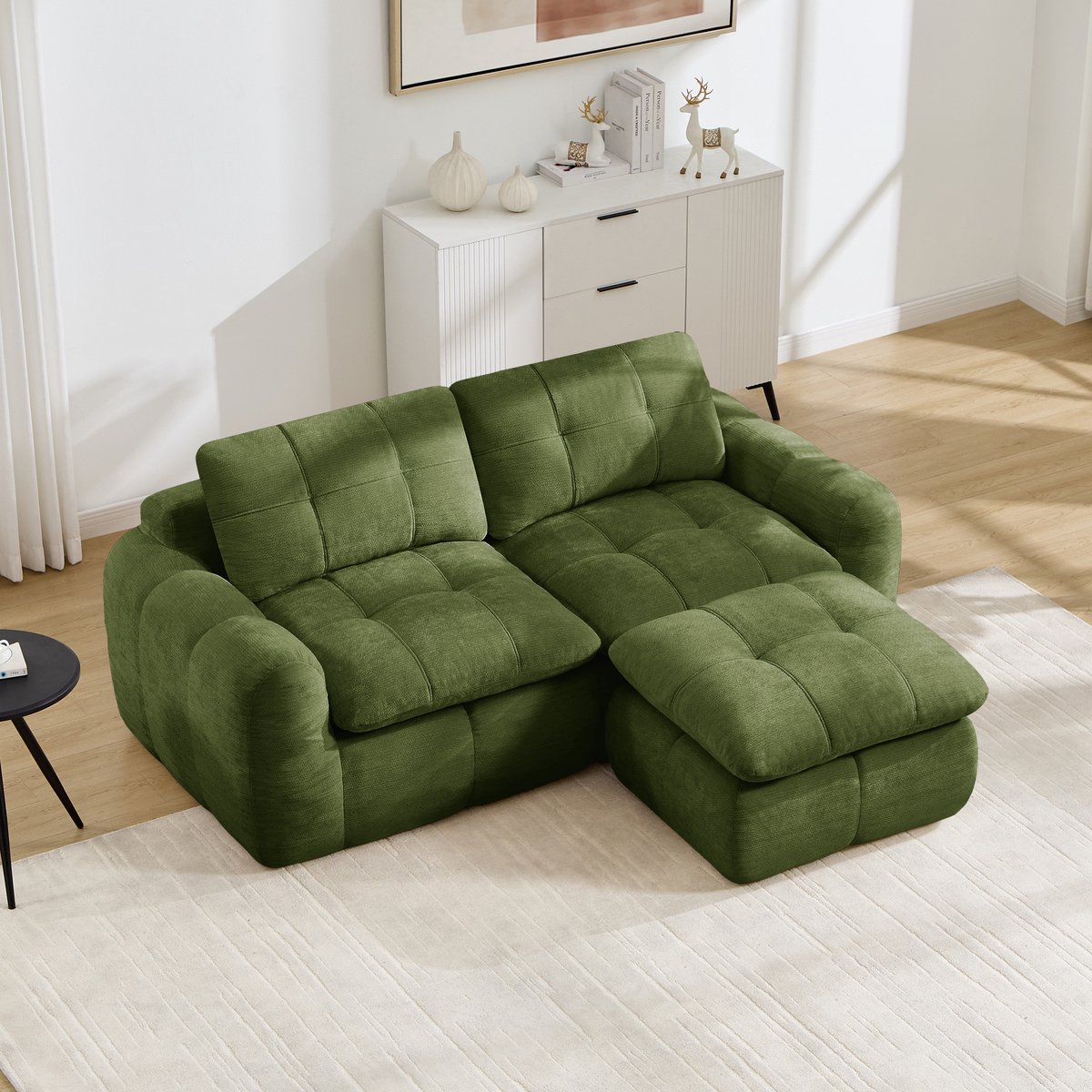 Moderne Hoekbank, L-Bank, 2-Zits bank, 2-Zits L-Vormige Frameloze Modulaire Bank Met Ruitvormig Doorgestikt Patroon, Chenille Bekleding, Antislip Onderkant, Montagevrij, Inclusief 1 Poef, Geschikt Voor Woonkamers En Appartementen-Groente