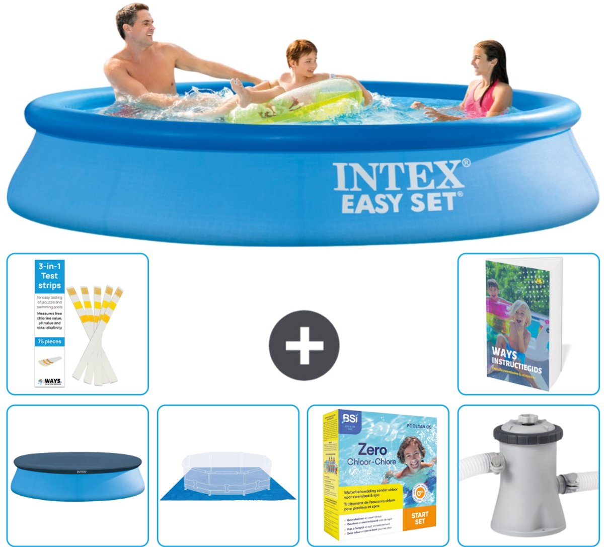 Intex Rond Opblaasbaar Easy Set Zwembad - 305 x 61 cm - Blauw - Inclusief Afdekzeil - Grondzeil - Onderhoudspakket - Zwembadfilterpomp - 7-delig
