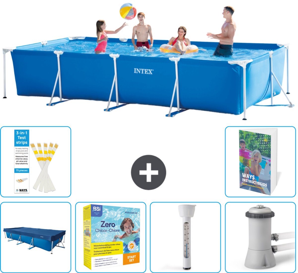 Intex Rechthoekig Frame Zwembad - 450 x 220 x 84 cm - Blauw - Inclusief Afdekzeil - Onderhoudspakket - Thermometer - Zwembadfilterpomp - 7-delig
