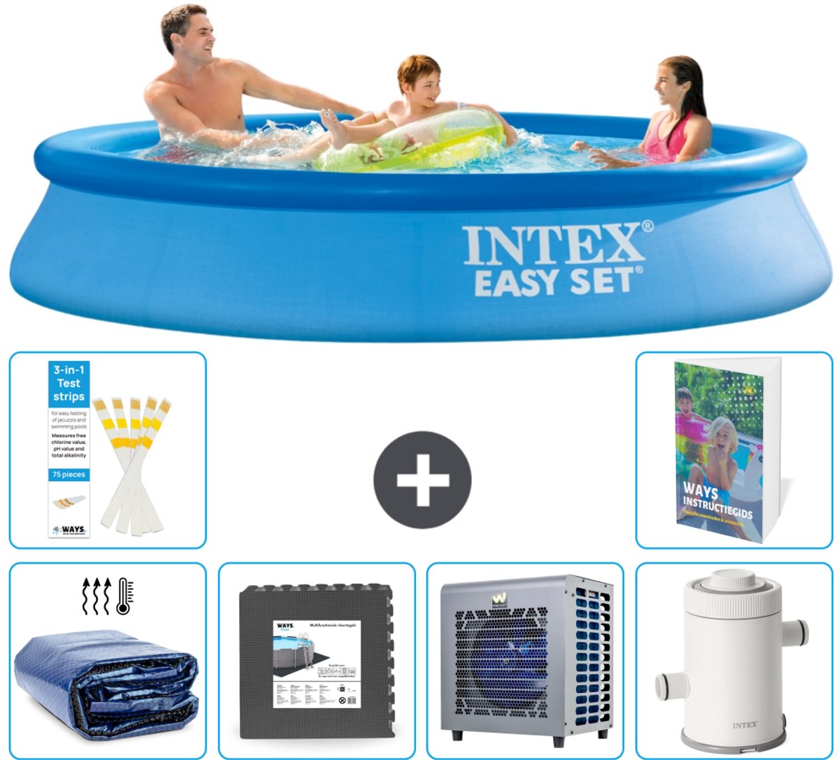 Intex Rond Opblaasbaar Easy Set Zwembad - 305 x 61 cm - Blauw - Inclusief Solarzeil - Vloertegels - Warmtepomp - Zwembadfilterpomp - 7-delig
