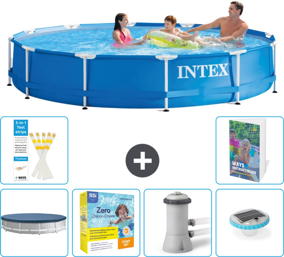 Intex Rond Frame Zwembad - 366 x 76 cm - Blauw - Inclusief Afdekzeil - Onderhoudspakket - Zwembadfilterpomp - Verlichting - 7-delig