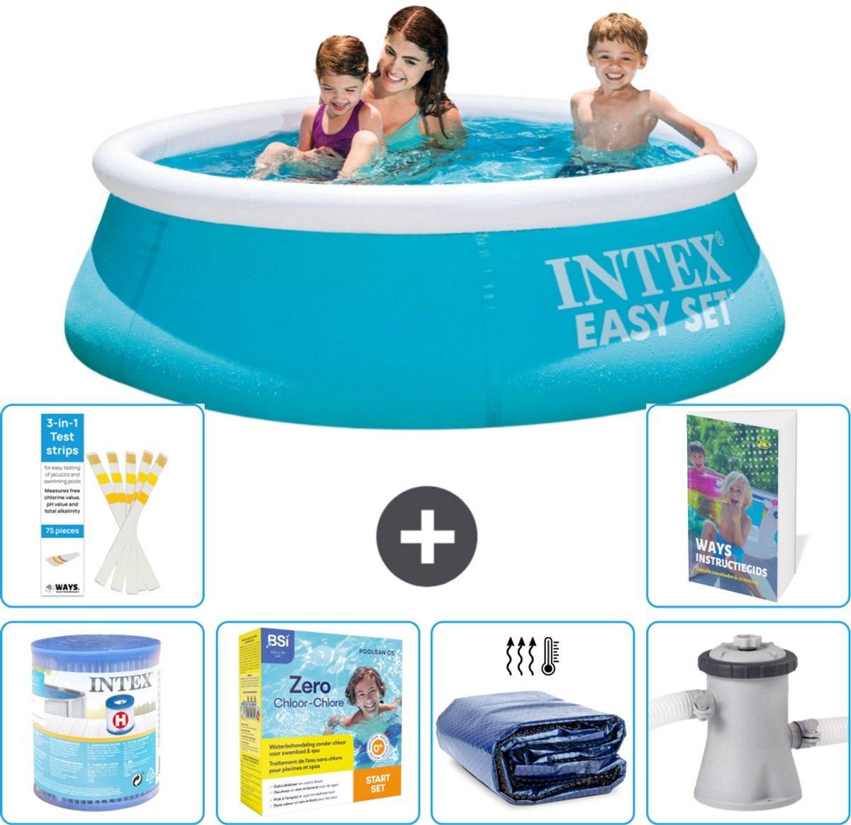 Intex Rond Opblaasbaar Easy Set Zwembad - 183 x 51 cm - Blauw - Inclusief Filter - Onderhoudspakket - Solarzeil - Zwembadfilterpomp - 7-delig