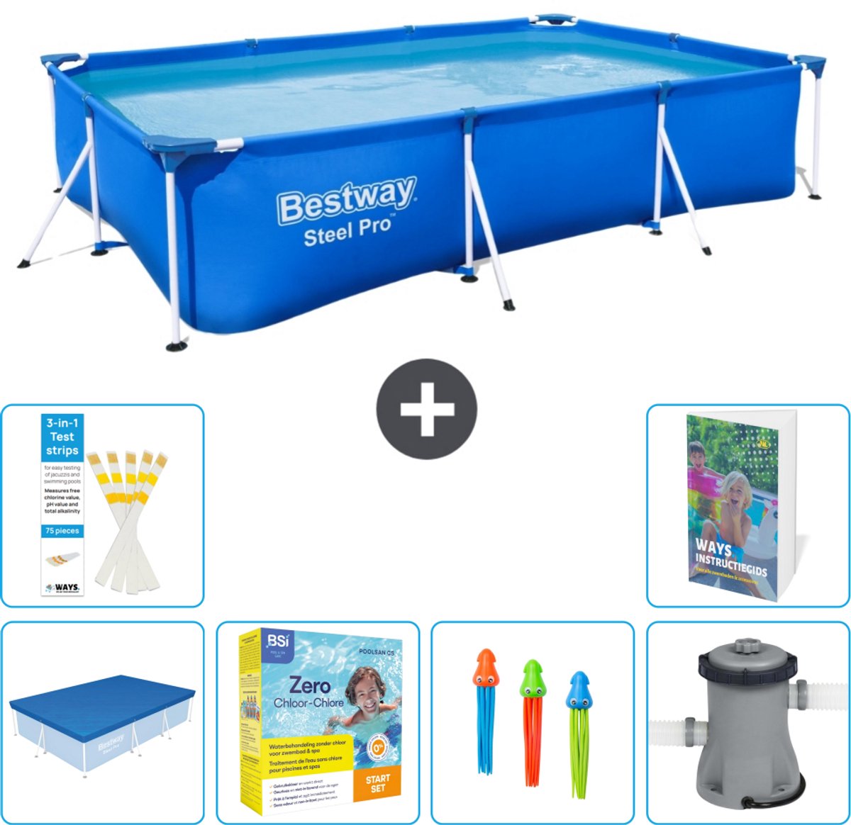 Bestway Rechthoekig Steel Pro Zwembad - 300 x 201 x 66 cm - Blauw - Inclusief Afdekzeil - Onderhoudspakket - Speelgoed - Zwembadfilterpomp - 7-delig