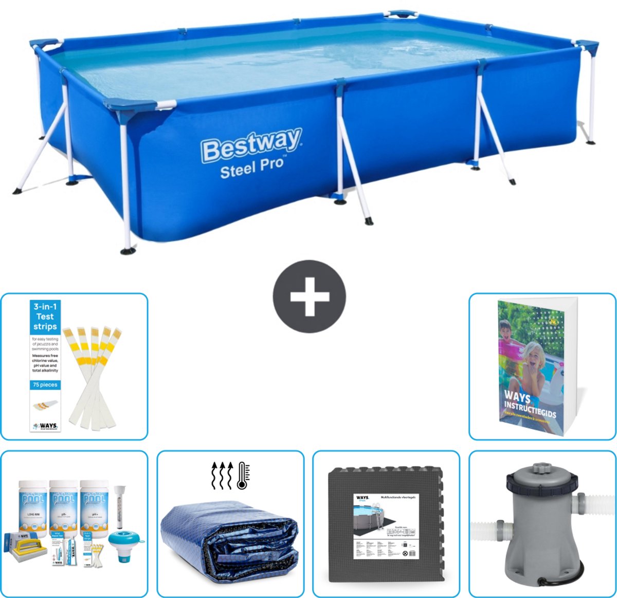 Bestway Rechthoekig Steel Pro Zwembad - 300 x 201 x 66 cm - Blauw - Inclusief Onderhoudspakket - Solarzeil - Vloertegels - Zwembadfilterpomp - 7-delig