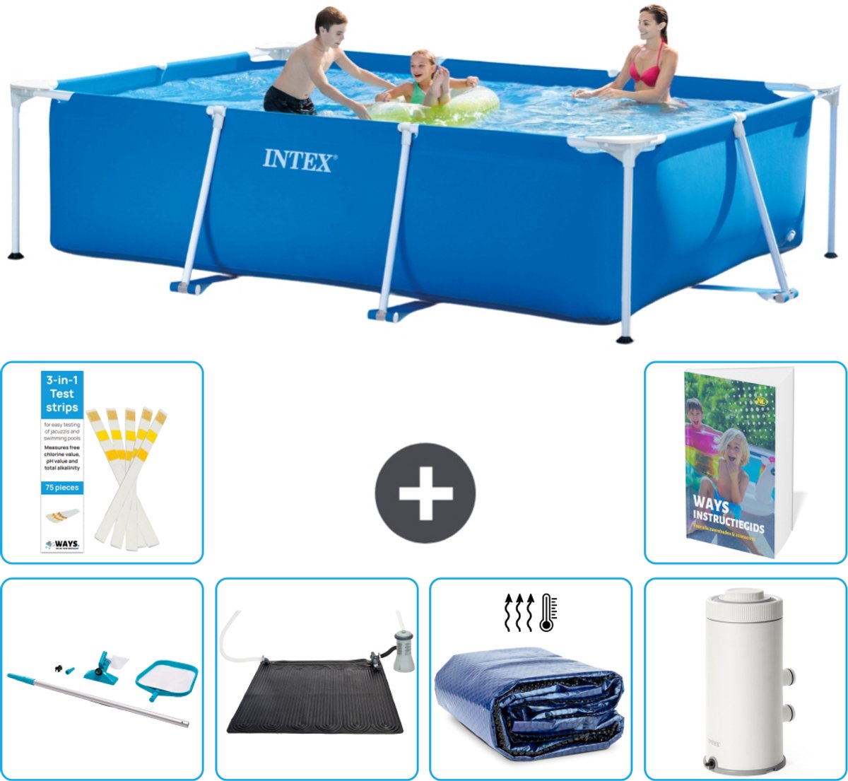Intex Rechthoekig Frame Zwembad - 300 x 200 x 75 cm - Blauw - Inclusief Schoonmaakset - Solar Mat - Solarzeil - Zwembadfilterpomp - 7-delig