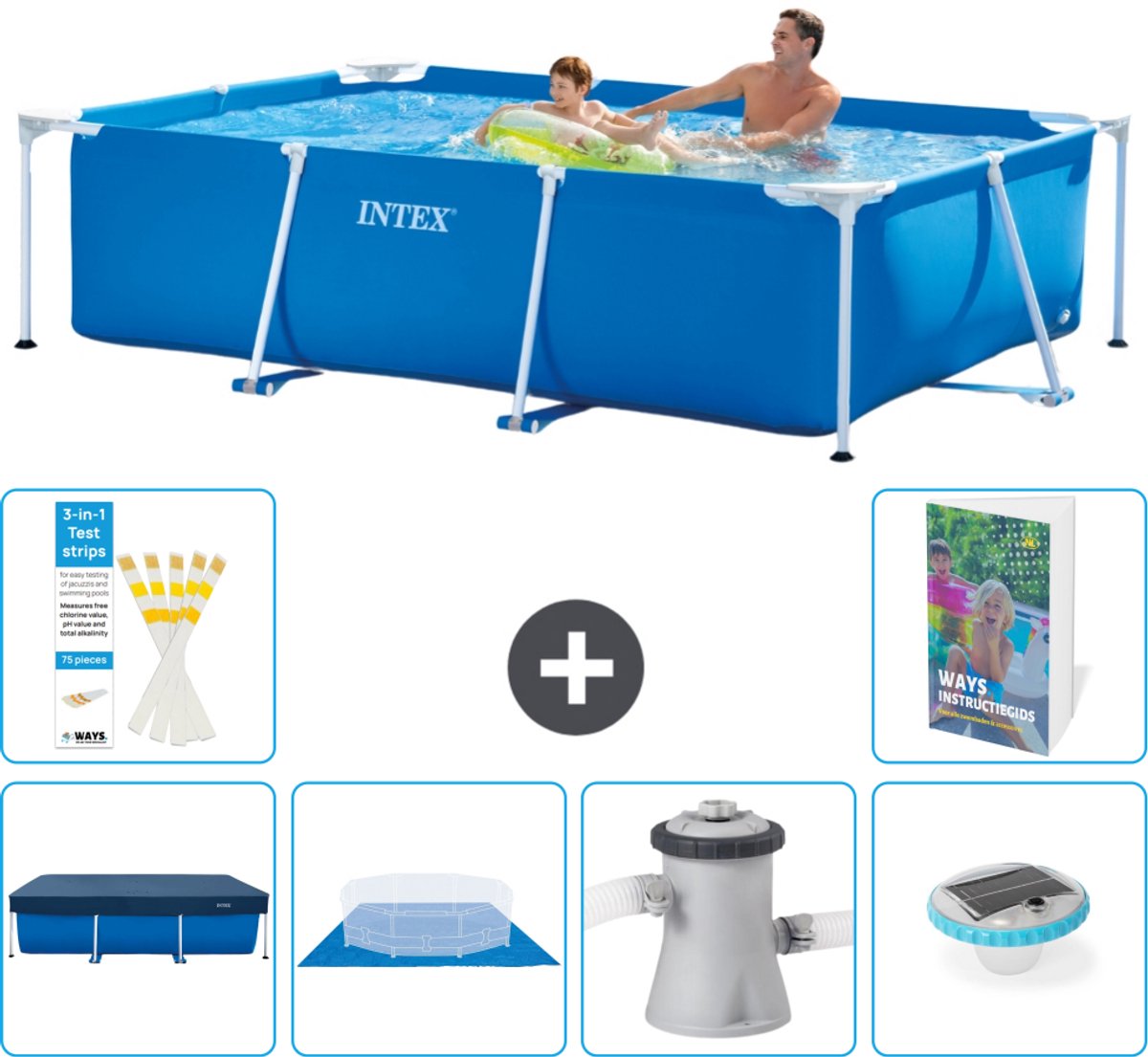 Intex Rechthoekig Frame Zwembad - 260 x 160 x 65 cm - Blauw - Inclusief Afdekzeil - Grondzeil - Zwembadfilterpomp - Verlichting - 7-delig
