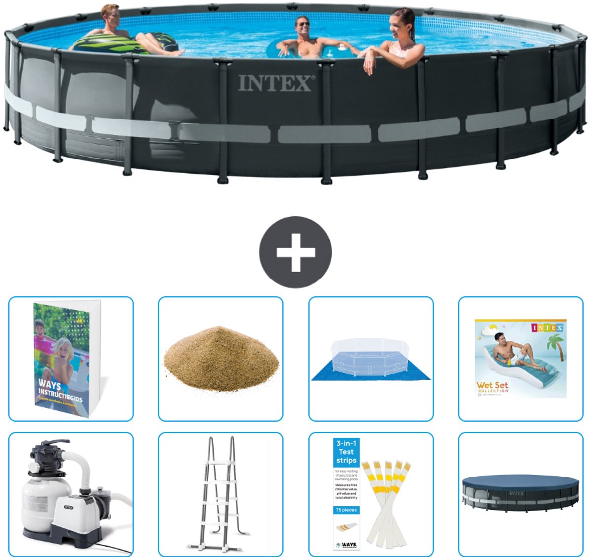 Intex Rond Ultra XTR Frame Zwembad - 610 x 122 cm - Inclusief Pomp - Ladder - Grondzeil - Afdekzeil - Filterzand - Loungebed - 9-delig