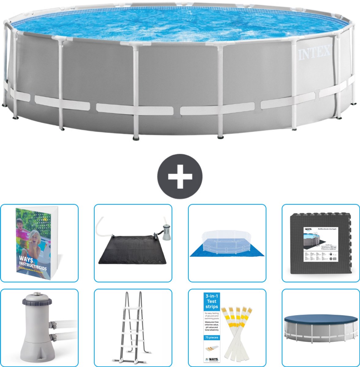 Intex Rond Prism Frame Zwembad - 457 x 122 cm - Grijs - Inclusief Pomp - Ladder - Grondzeil - Afdekzeil - Solar Mat - Vloertegels - 9-delig