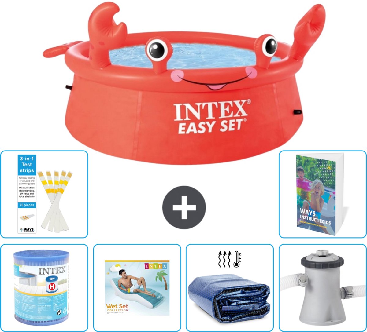 Intex Rond Opblaasbaar Easy Set Zwembad - 183 x 51 cm - Rood - Krab - Inclusief Filter - Loungebed - Solarzeil - Zwembadfilterpomp - 7-delig