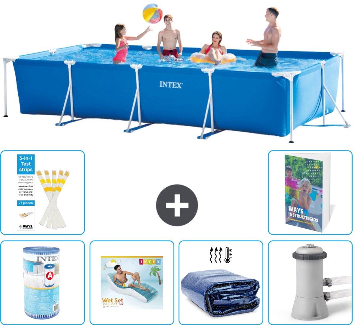 Intex Rechthoekig Frame Zwembad - 450 x 220 x 84 cm - Blauw - Inclusief Filter - Loungebed - Solarzeil - Zwembadfilterpomp - 7-delig