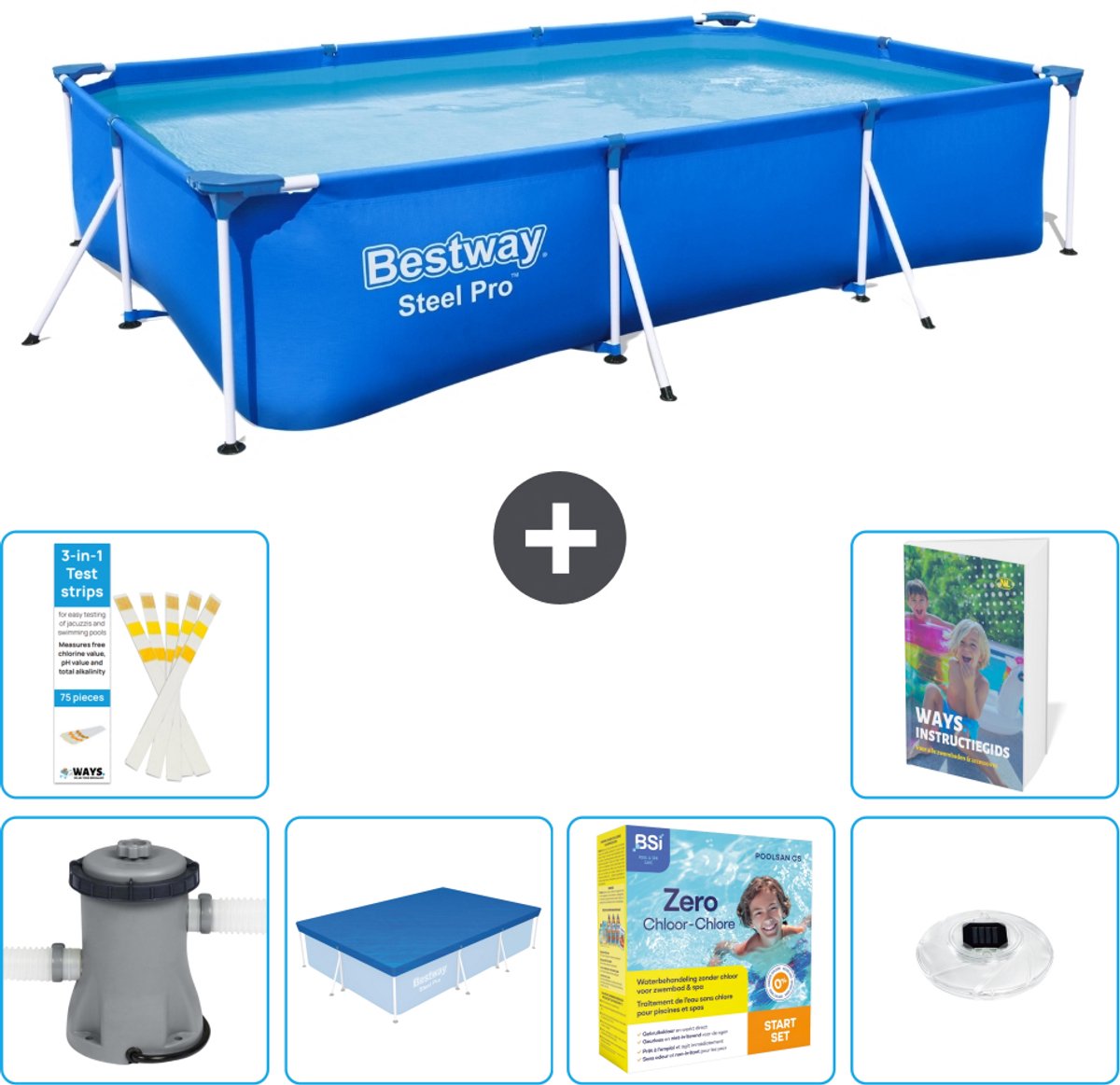 Bestway Rechthoekig Steel Pro Zwembad - 300 x 201 x 66 cm - Blauw - Inclusief Pomp - Afdekzeil - Onderhoudspakket - Verlichting - 7-delig