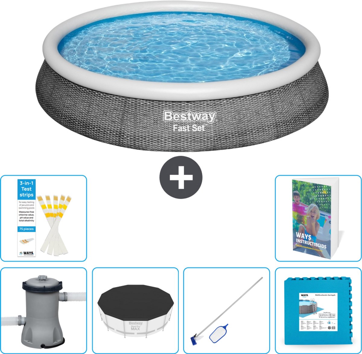 Bestway Rond Opblaasbaar Fast Set Zwembad - Rotanprint - 396 x 84 cm - Inclusief Pomp - Afdekzeil - Schoonmaakset - Vloertegels - 7-delig