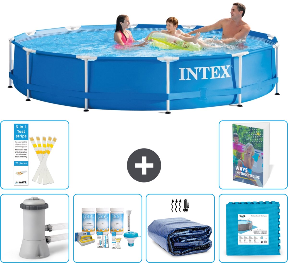 Intex Rond Frame Zwembad - 366 x 76 cm - Blauw - Inclusief Pomp - Onderhoudspakket - Solarzeil - Vloertegels - 7-delig