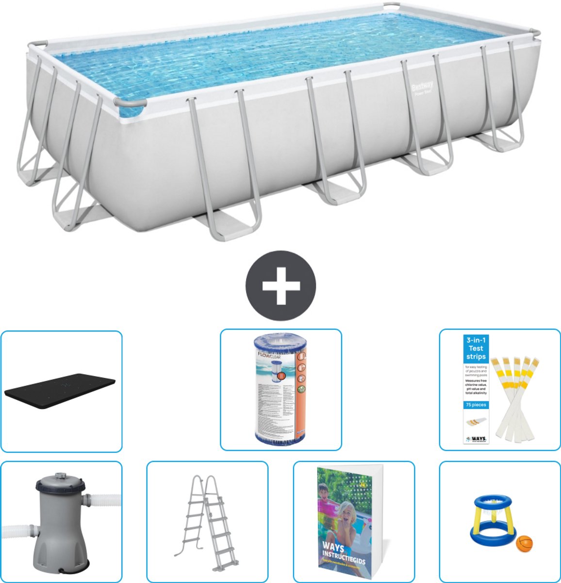 Bestway Rechthoekig Power Steel Zwembad - 488 x 244 x 122 - Grijs Inclusief Pomp - Ladder - Afdekzeil - Filter - Speelgoed - 8-delig