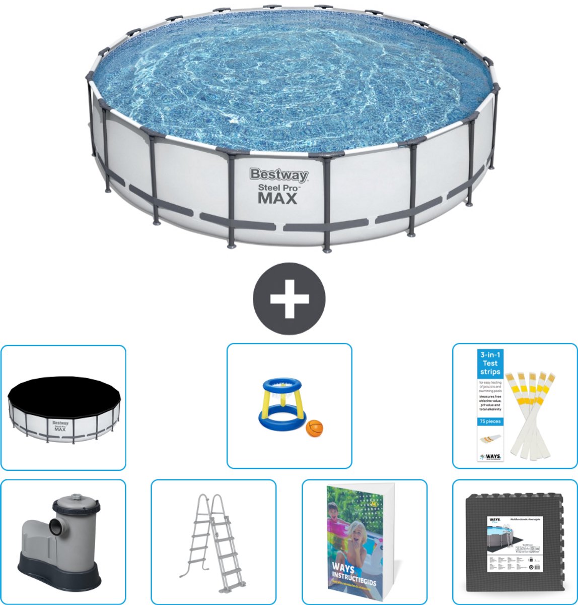Bestway Rond Steel Pro MAX Zwembad - 549 x 122 cm - Grijs - Inclusief Pomp - Ladder - Afdekzeil - Speelgoed - Vloertegels - 8-delig