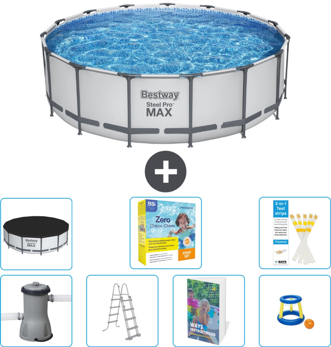 Bestway Rond Steel Pro MAX Zwembad - 457 x 122 cm - Grijs - Inclusief Pomp - Ladder - Afdekzeil - Onderhoudspakket - Speelgoed - 8-delig