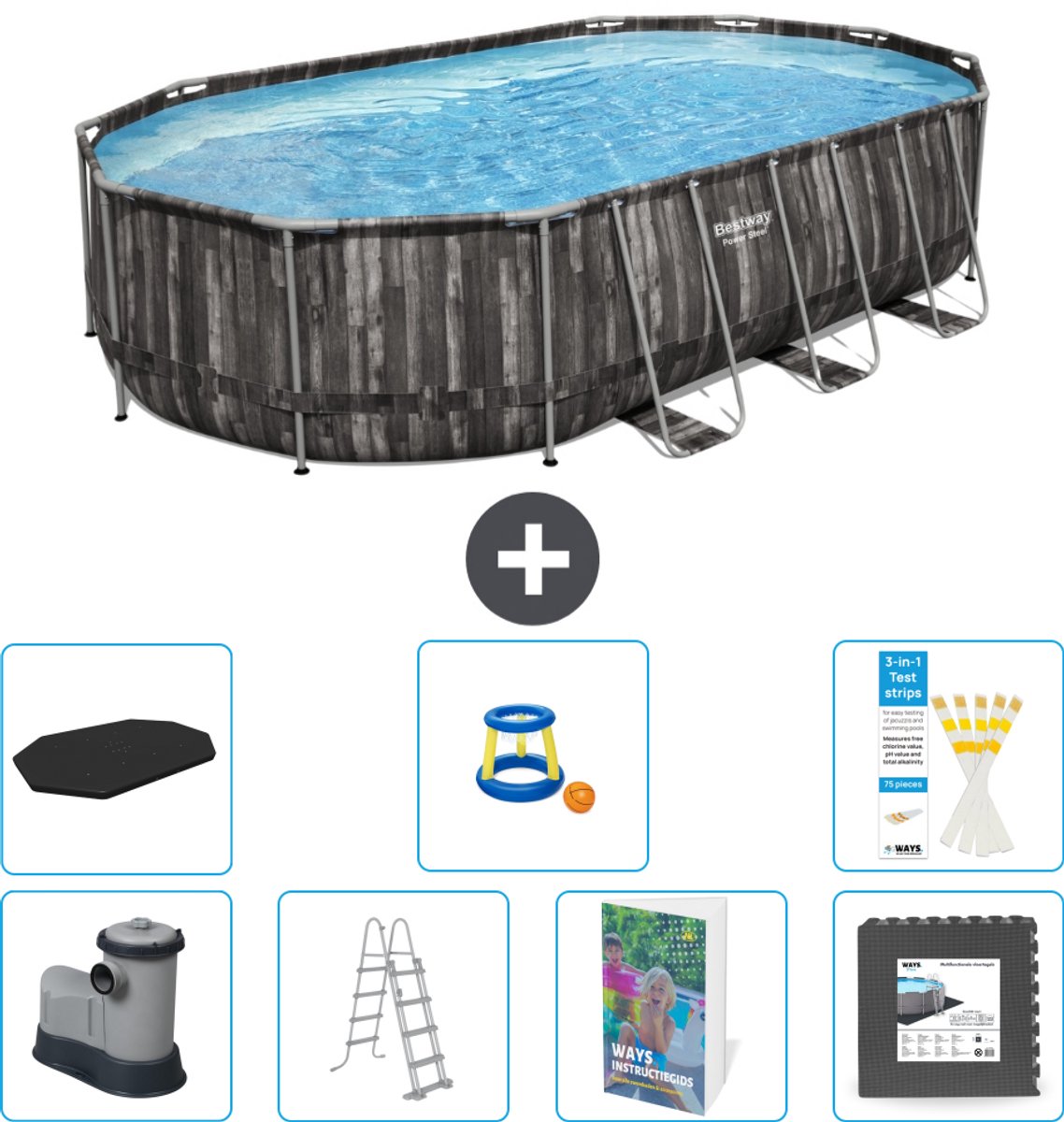 Bestway Ovaal Power Steel Zwembad - 610 x 366 x 122 - Grijs - Inclusief Pomp - Ladder - Afdekzeil - Speelgoed - Vloertegels - 8-delig