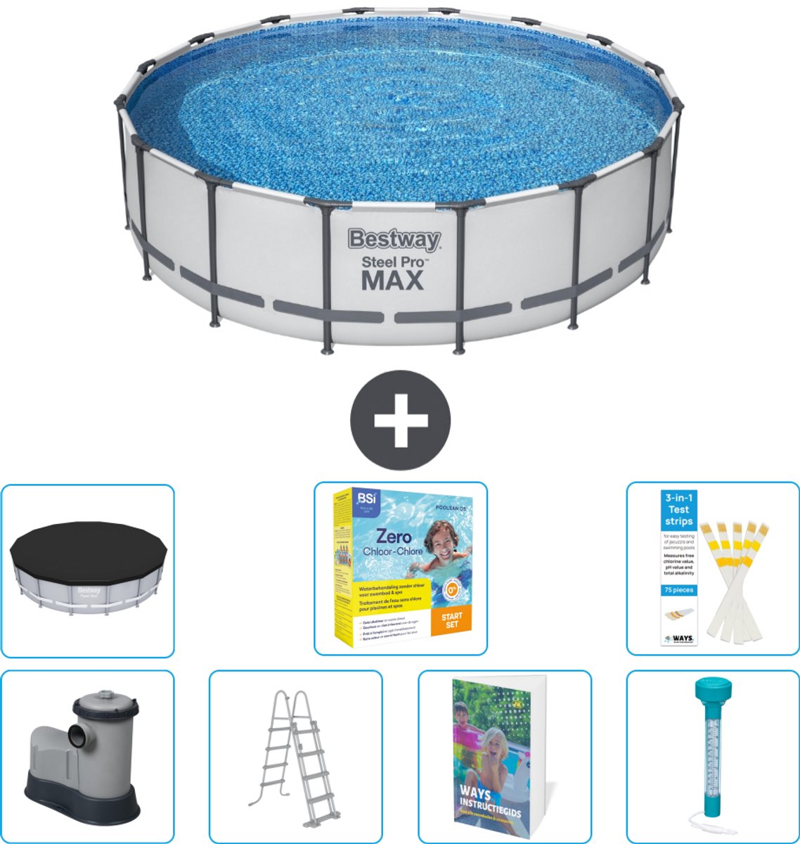 Bestway Rond Steel Pro MAX Zwembad - 488 x 122 cm - Grijs - Inclusief Pomp - Ladder - Afdekzeil - Onderhoudspakket - Thermometer - 8-delig