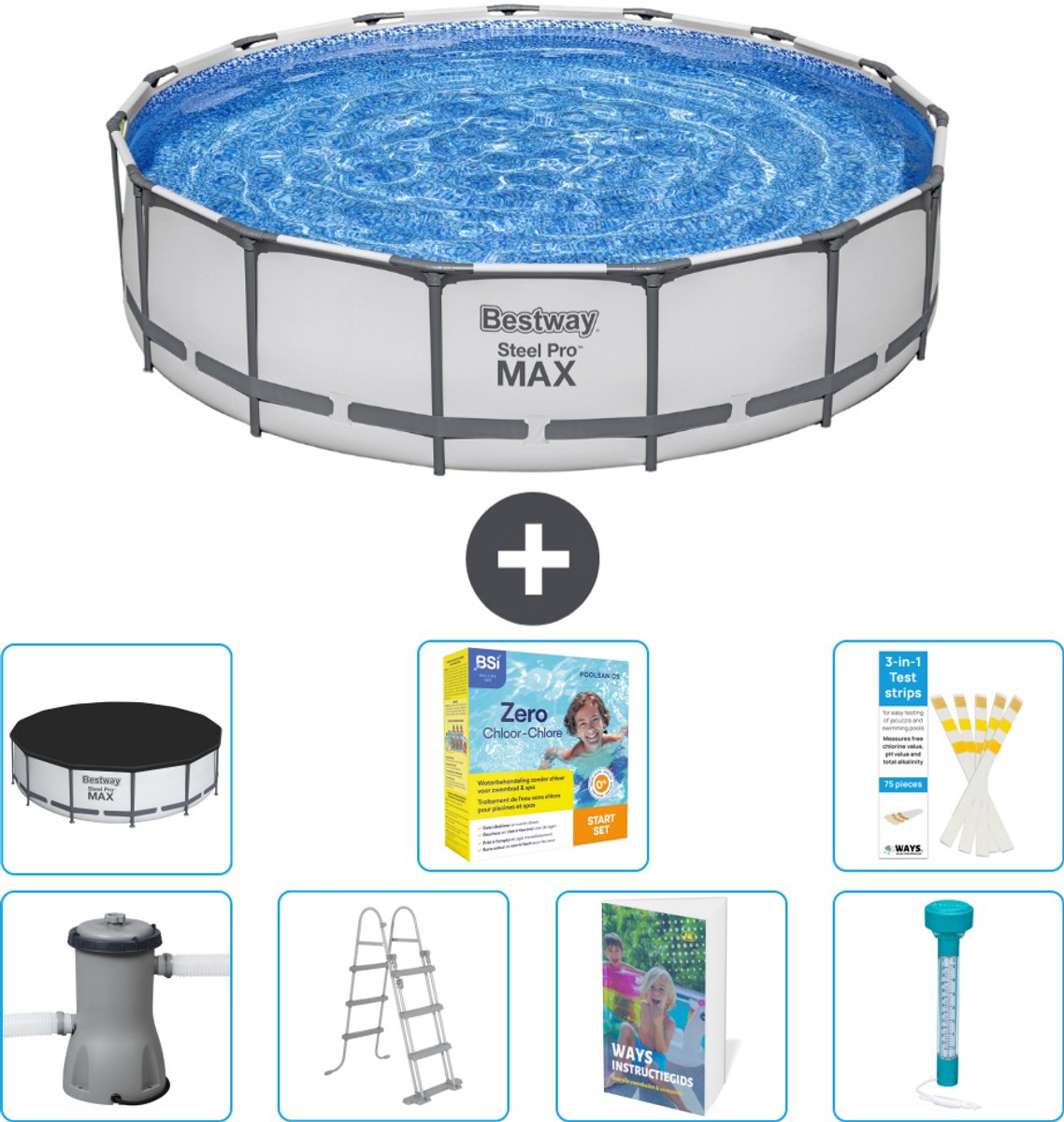 Bestway Rond Steel Pro MAX Zwembad - 457 x 107 cm - Grijs - Inclusief Pomp - Ladder - Afdekzeil - Onderhoudspakket - Thermometer - 8-delig