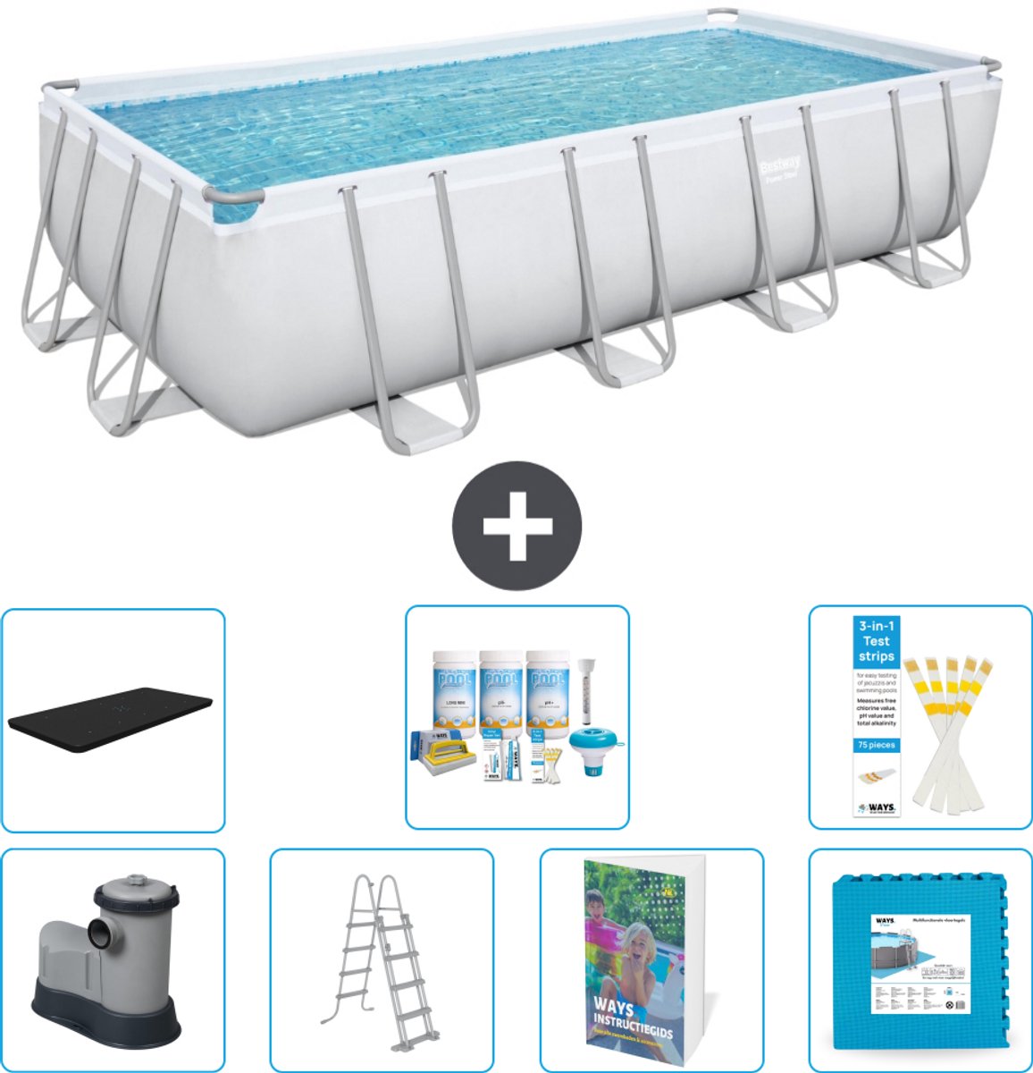 Bestway Rechthoekig Power Steel Zwembad - 549 x 274 x 122 - Grijs - Inclusief Pomp - Ladder - Afdekzeil - Onderhoudspakket - Vloertegels - 8-delig