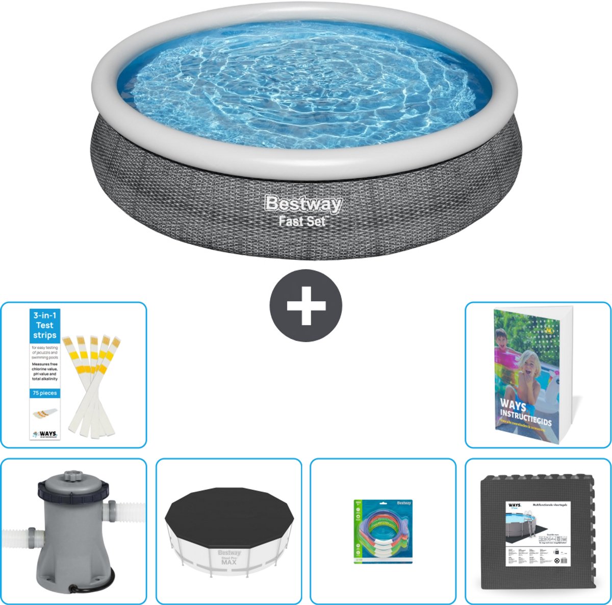 Bestway Rond Opblaasbaar Fast Set Zwembad - Rotanprint - 366 x 76 cm - Inclusief Pomp - Afdekzeil - Speelgoed - Vloertegels - 7-delig