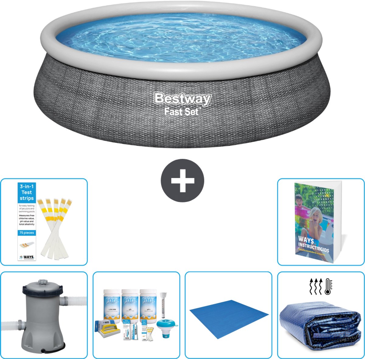 Bestway Rond Opblaasbaar Fast Set Zwembad - Rotanprint - 457 x 84 cm - Inclusief Pomp - Onderhoudspakket - Grondzeil - Solarzeil - 7-delig