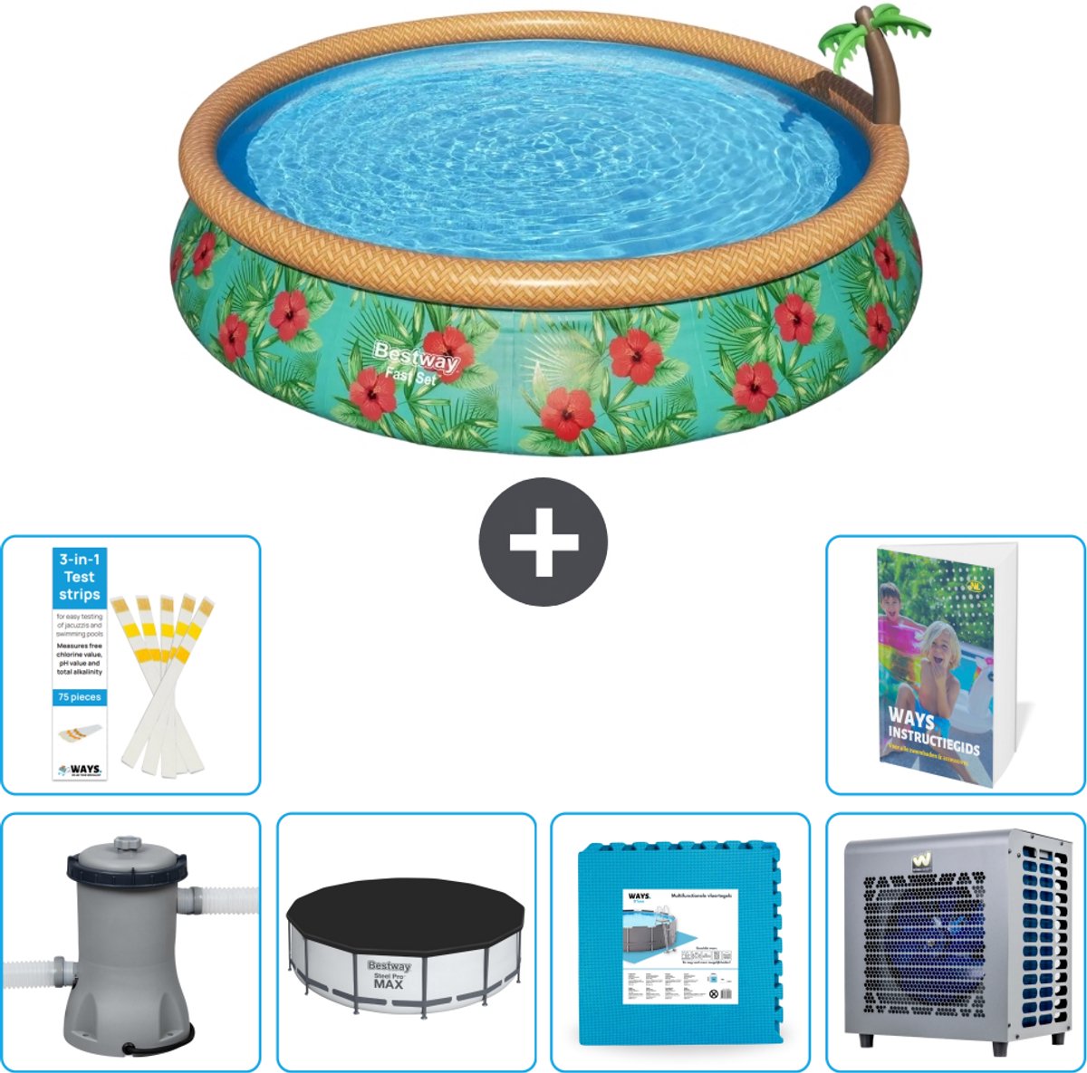Bestway Rond Opblaasbaar Fast Set Zwembad - Paradijsprint - 457 x 84 cm - Inclusief Pomp - Afdekzeil - Vloertegels - Warmtepomp - 7-delig