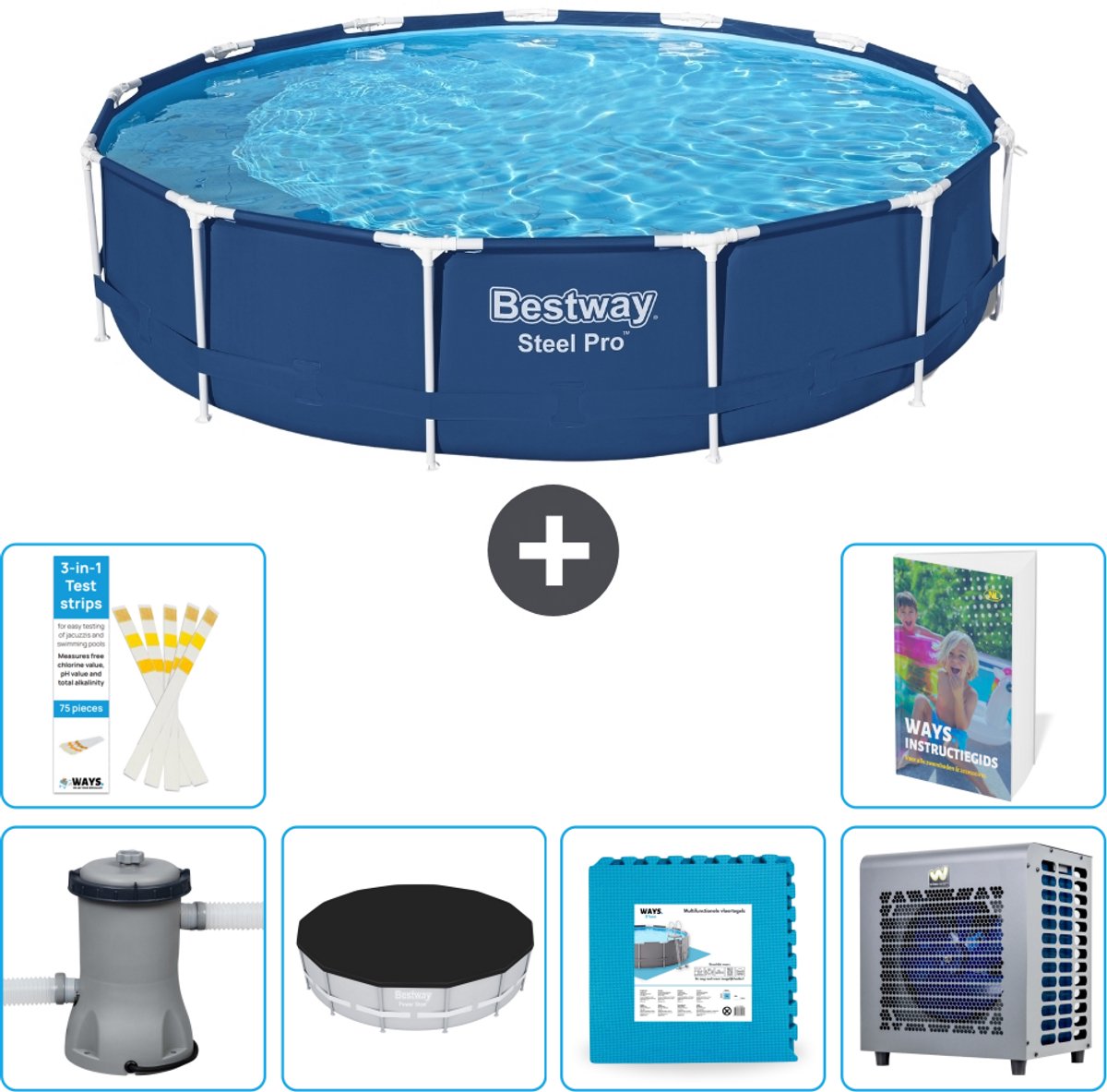 Bestway Rond Steel Pro Zwembad - 396 x 84 cm - Blauw - Inclusief Pomp - Afdekzeil - Vloertegels - Warmtepomp - 7-delig