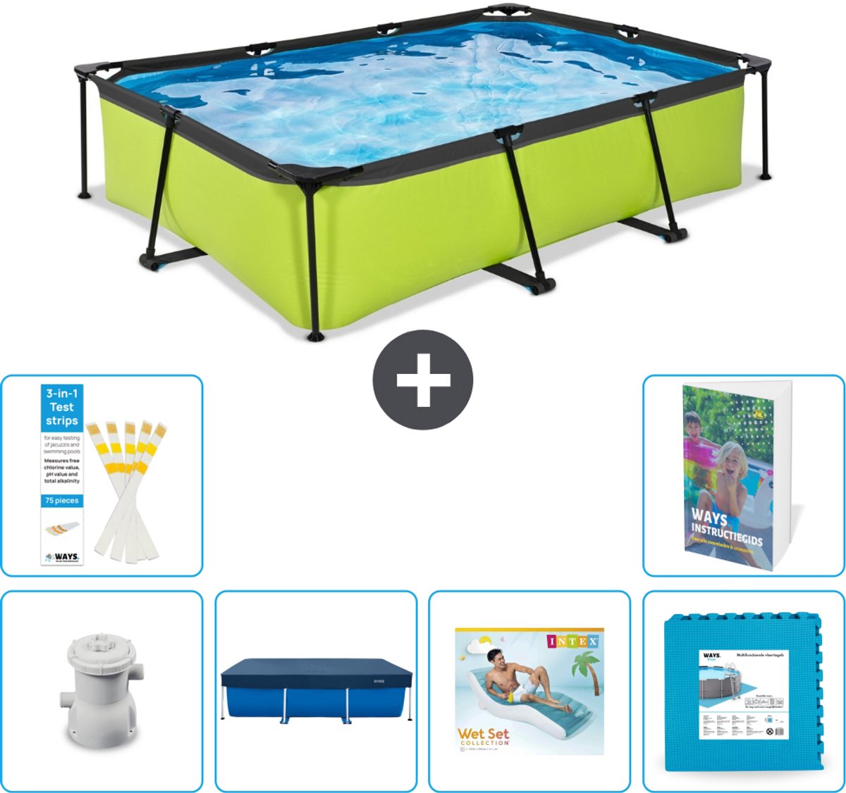 EXIT Rechthoekig Lime Frame Zwembad - 300 x 200 x 65 cm - Inclusief Pomp - Afdekzeil - Loungebed - Vloertegels - 7-delig