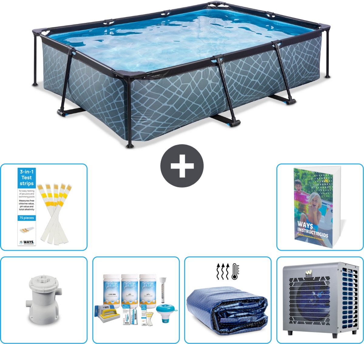 EXIT Rechthoekig Stone Frame Zwembad - 300 x 200 x 65 cm - Inclusief Pomp - Onderhoudspakket - Solarzeil - Warmtepomp - 7-delig