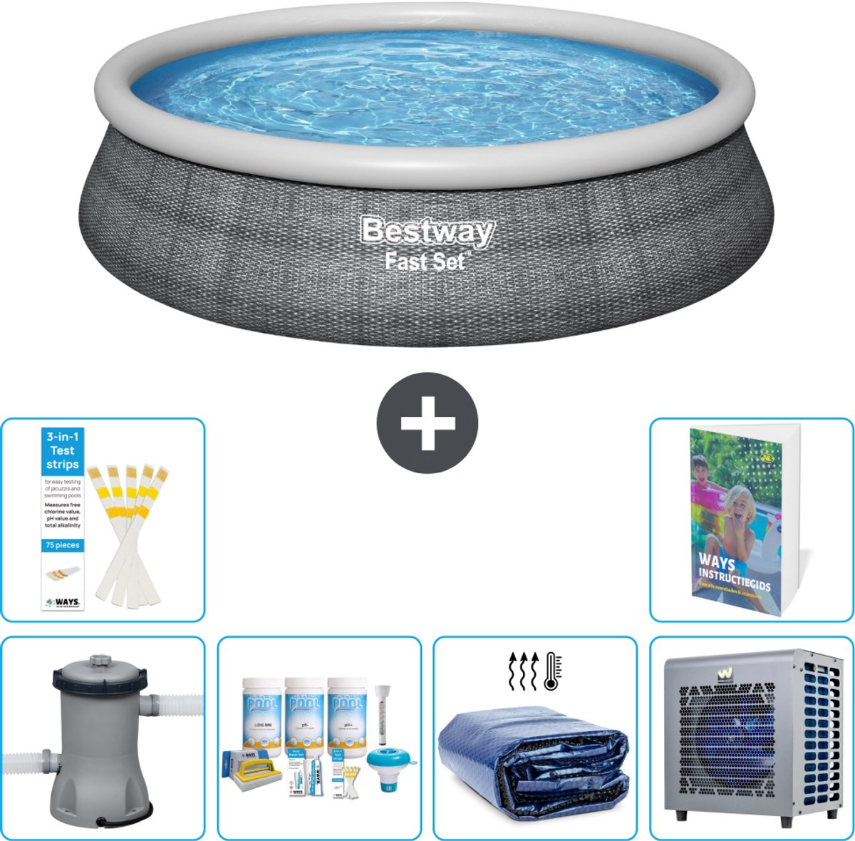 Bestway Rond Opblaasbaar Fast Set Zwembad - Rotanprint - 457 x 84 cm - Inclusief Pomp - Onderhoudspakket - Solarzeil - Warmtepomp - 7-delig