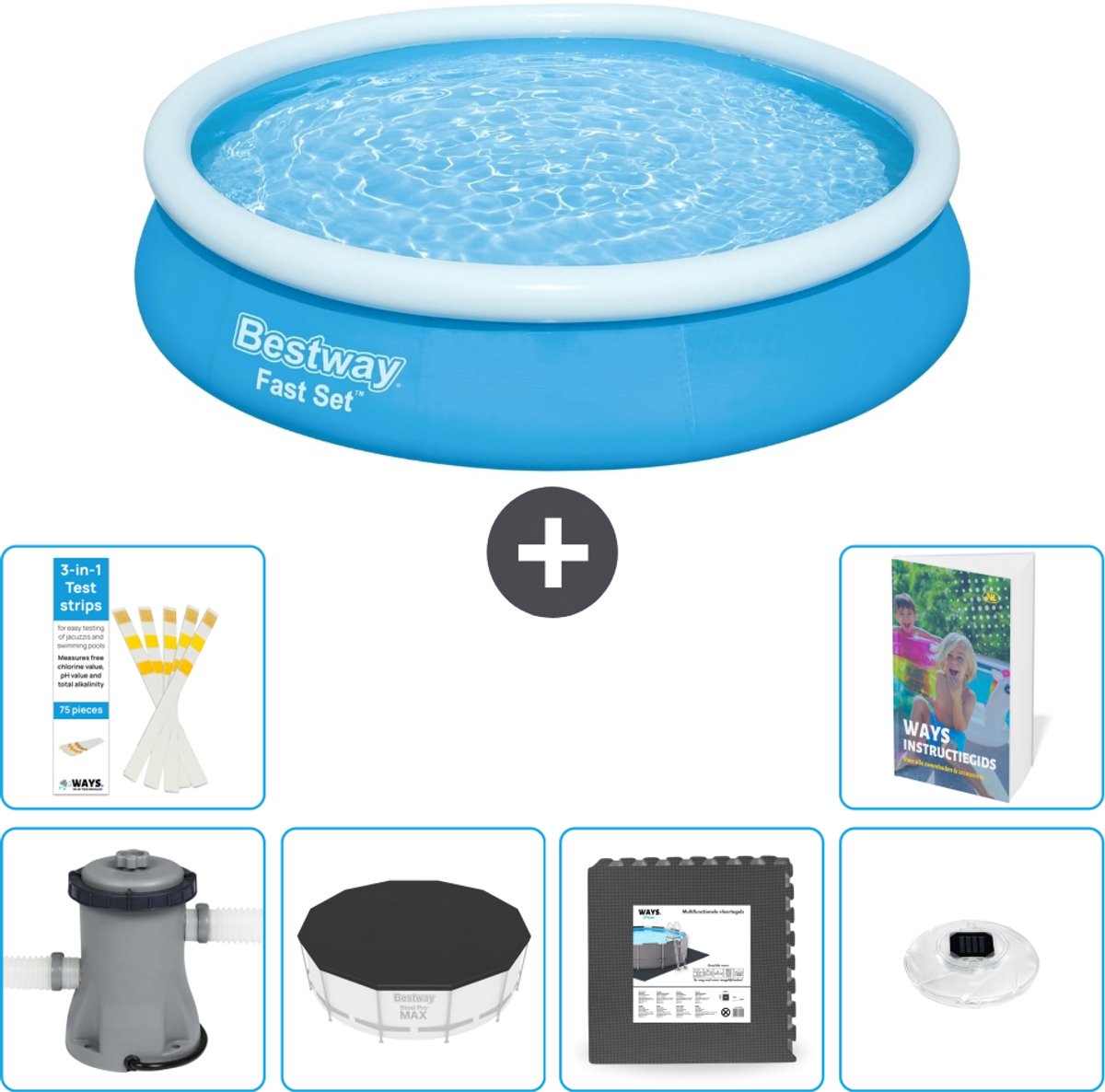 Bestway Rond Opblaasbaar Fast Set Zwembad - 366 x 76 cm - Blauw - Inclusief Pomp - Afdekzeil - Vloertegels - Verlichting - 7-delig