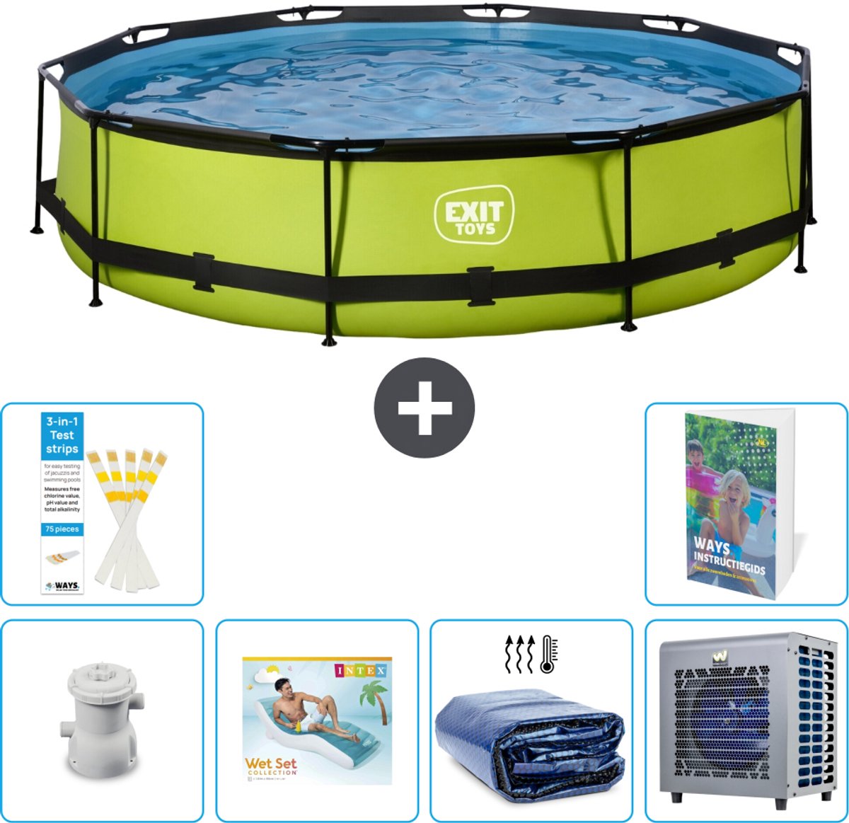 EXIT Rond Lime Frame Zwembad - 360 x 76 cm - Inclusief Pomp - Loungebed - Solarzeil - Warmtepomp - 7-delig
