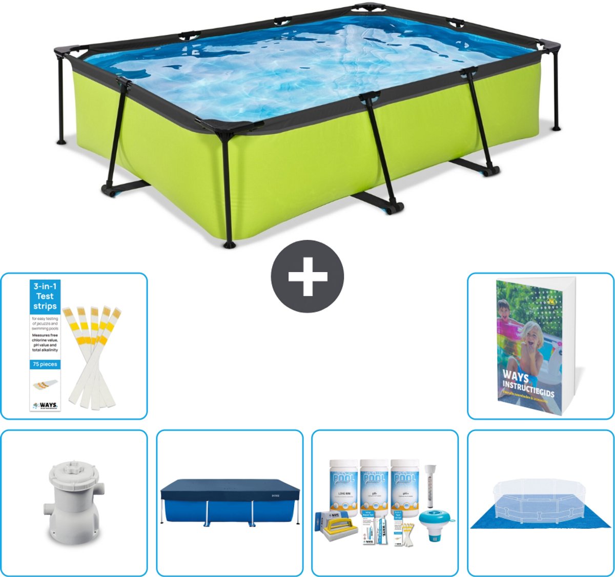 EXIT Rechthoekig Lime Frame Zwembad - 300 x 200 x 65 cm - Inclusief Pomp - Afdekzeil - Onderhoudspakket - Grondzeil - 7-delig