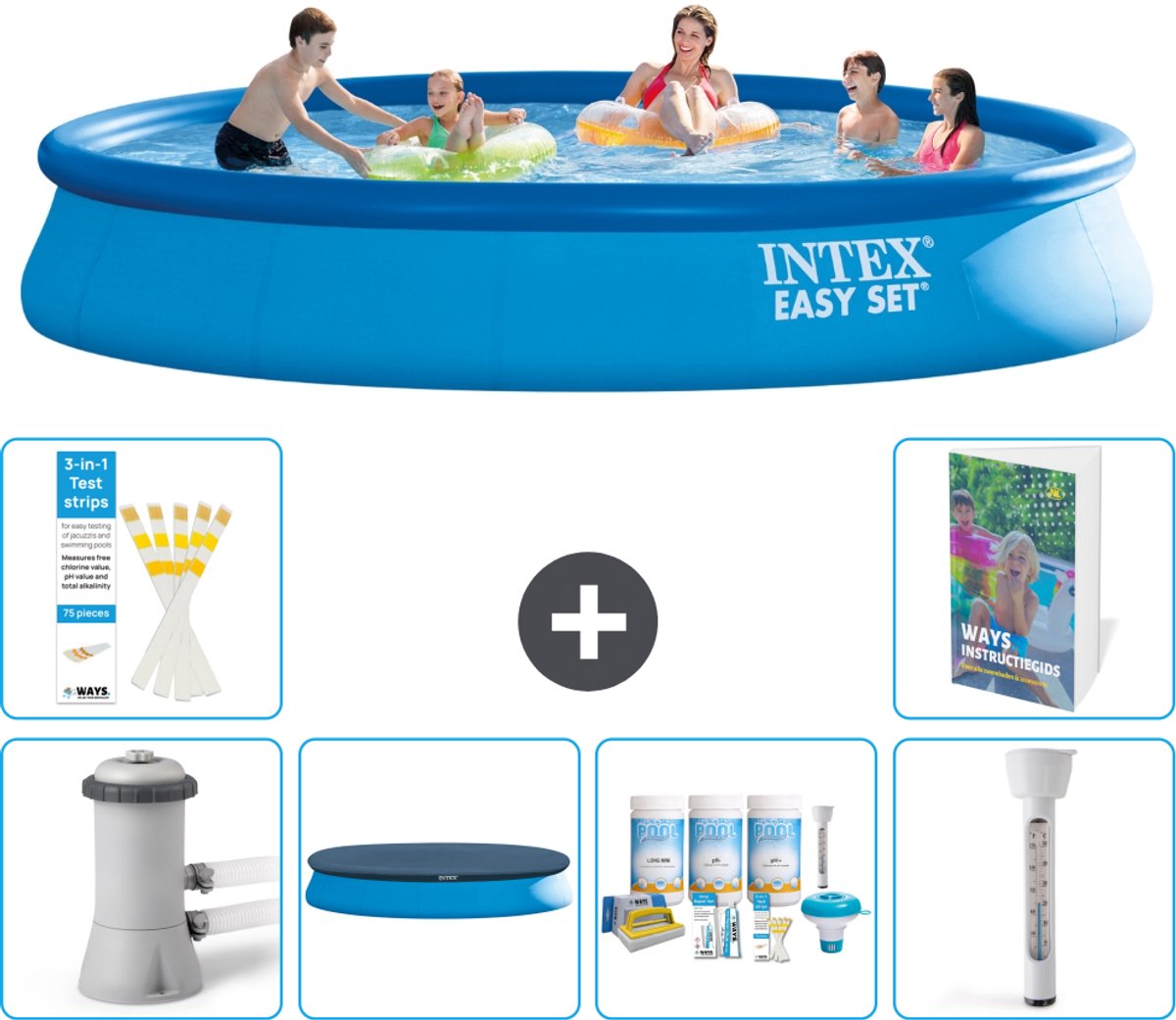 Intex Rond Opblaasbaar Easy Set Zwembad - 457 x 84 cm - Blauw - Inclusief Pomp - Afdekzeil - Onderhoudspakket - Thermometer - 7-delig