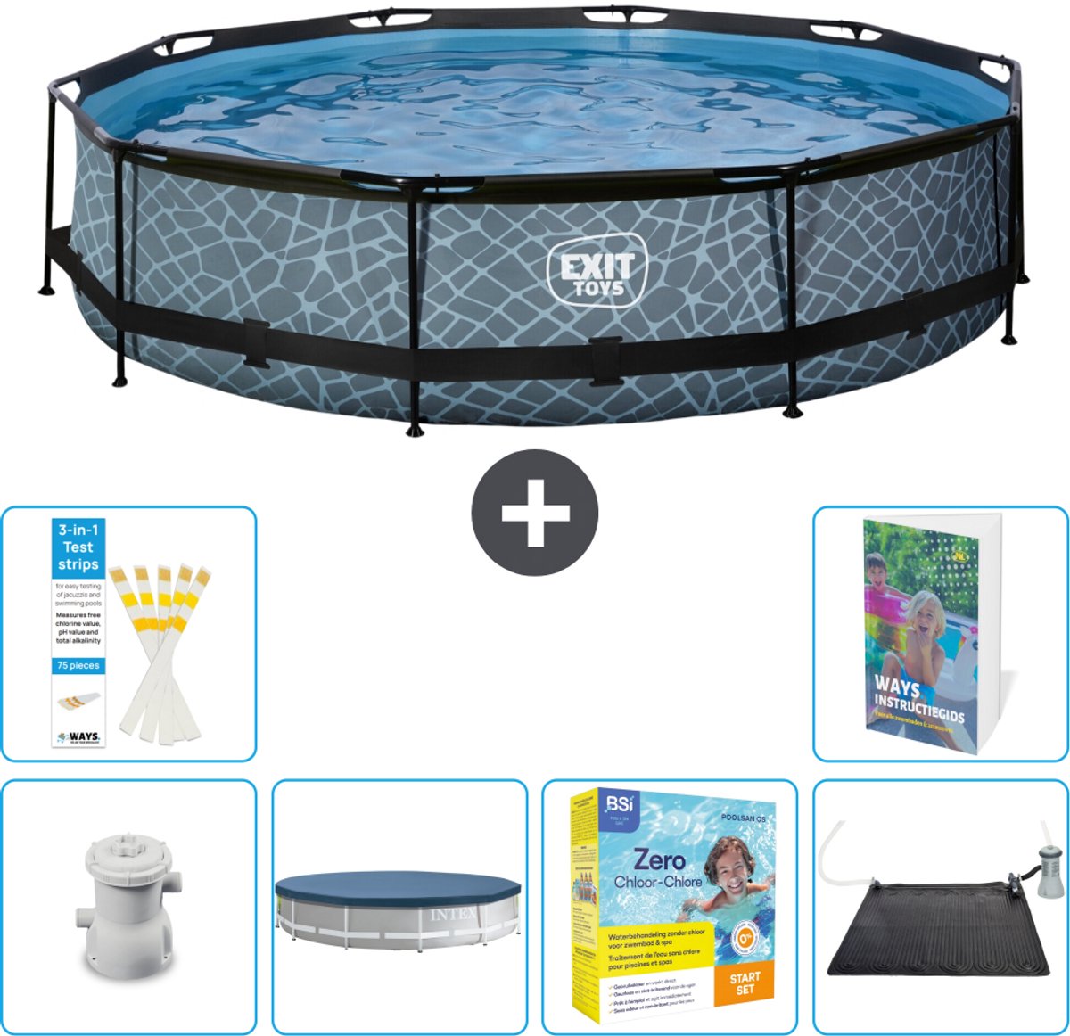 EXIT Rond Stone Frame Zwembad - 360 x 76 cm - Inclusief Pomp - Afdekzeil - Onderhoudspakket - Solar Mat - 7-delig