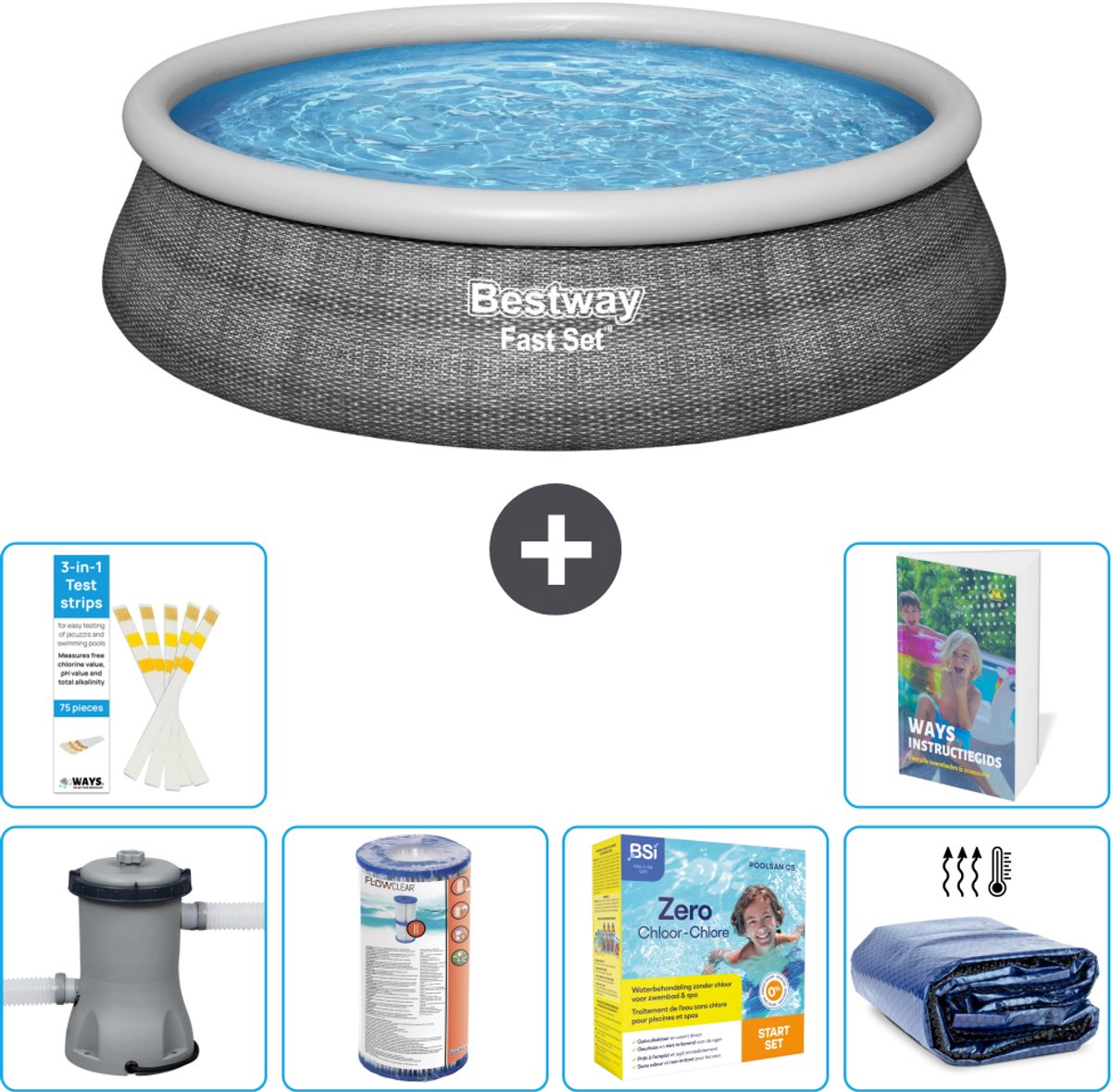 Bestway Rond Opblaasbaar Fast Set Zwembad - Rotanprint - 457 x 84 cm - Inclusief Pomp - Filter - Onderhoudspakket - Solarzeil - 7-delig