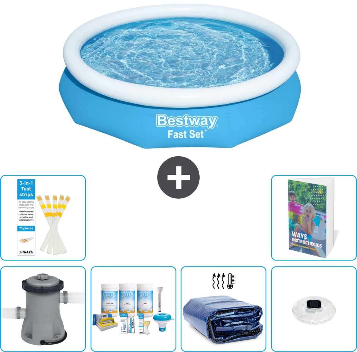 Bestway Rond Opblaasbaar Fast Set Zwembad - 305 x 66 cm - Blauw - Inclusief Pomp - Onderhoudspakket - Solarzeil - Verlichting - 7-delig