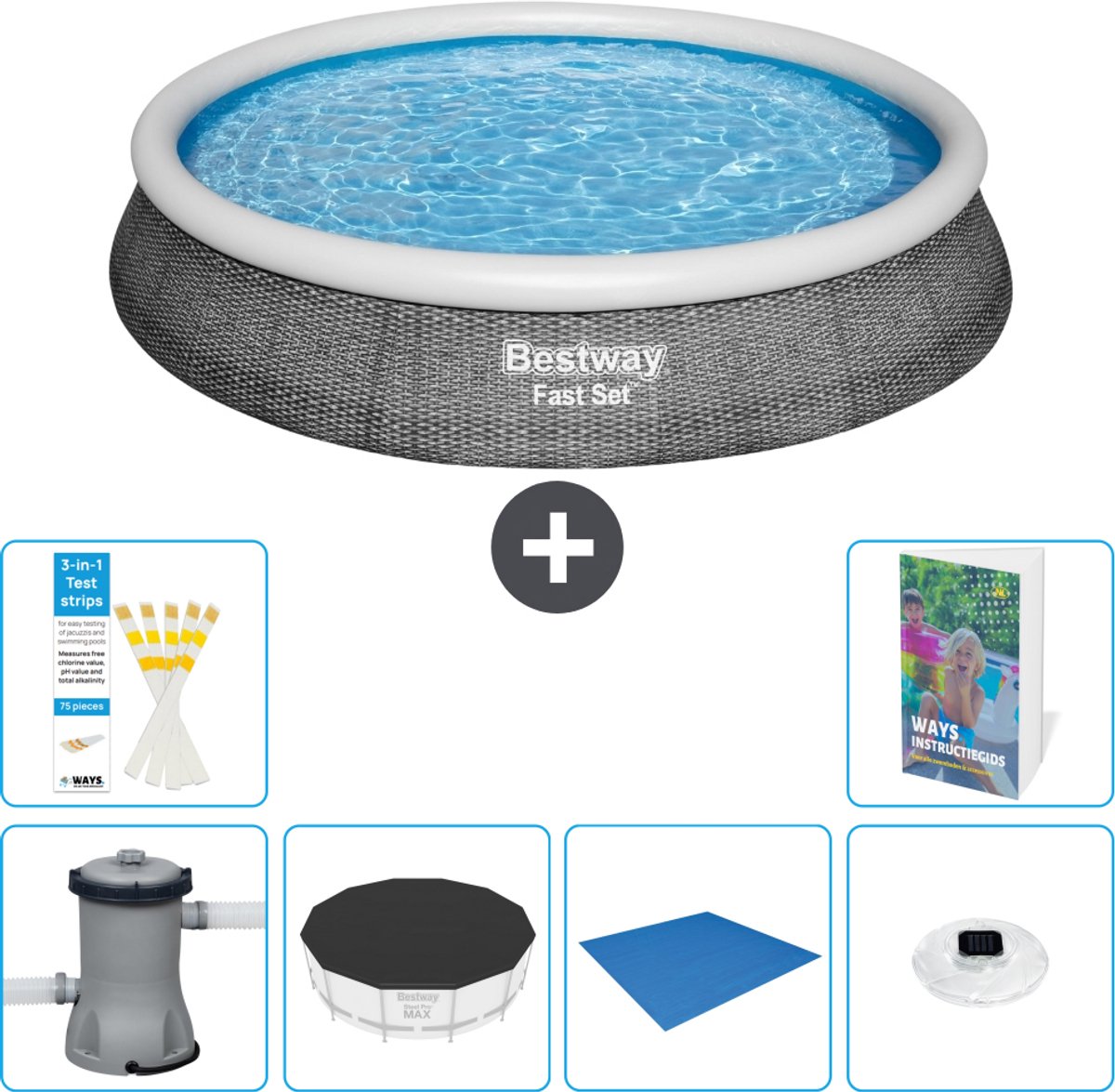 Bestway Rond Opblaasbaar Fast Set Zwembad - Rotanprint - 396 x 84 cm - Inclusief Pomp - Afdekzeil - Grondzeil - Verlichting - 7-delig