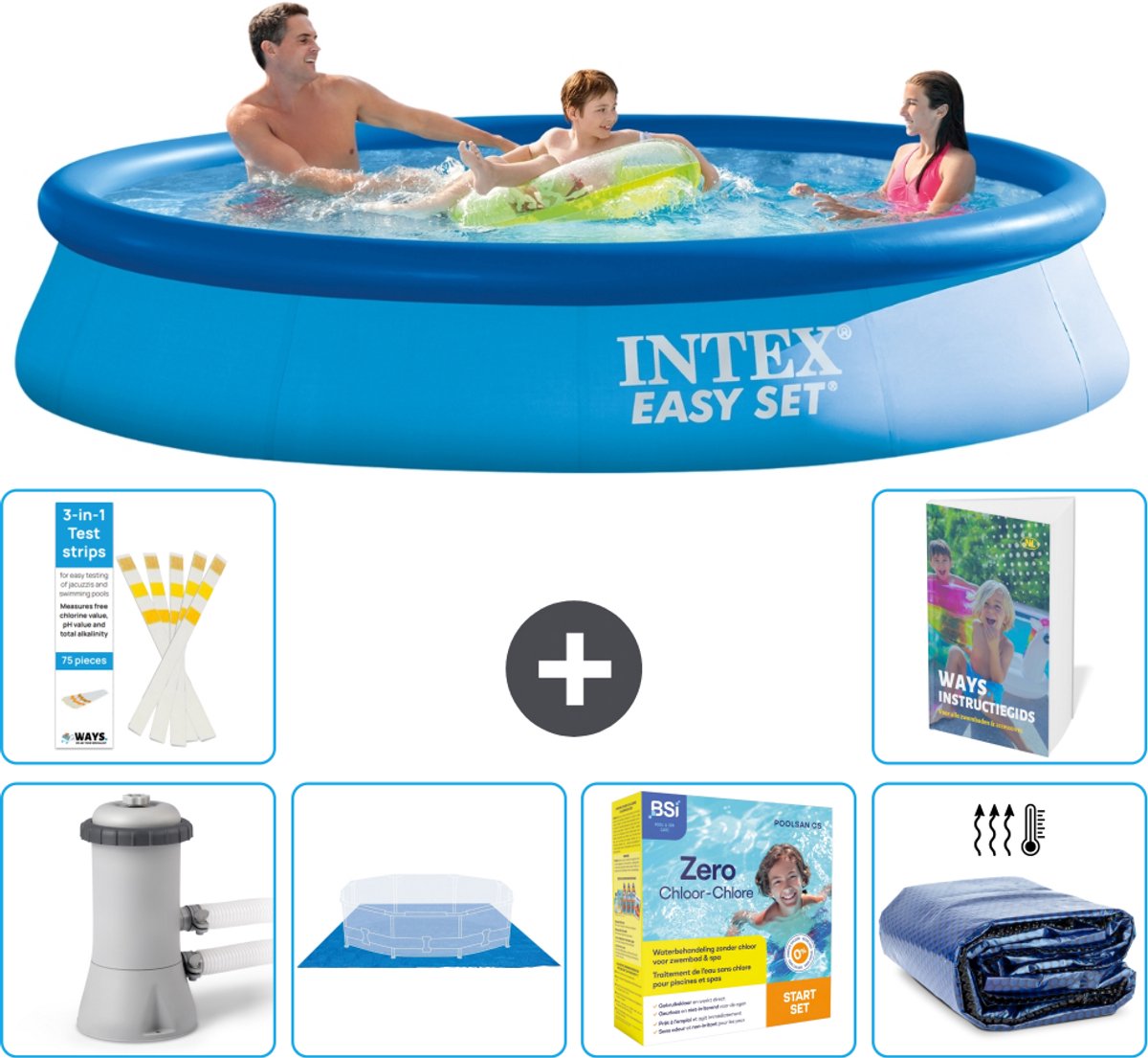 Intex Rond Opblaasbaar Easy Set Zwembad - 366 x 76 cm - Blauw - Inclusief Pomp - Grondzeil - Onderhoudspakket - Solarzeil - 7-delig