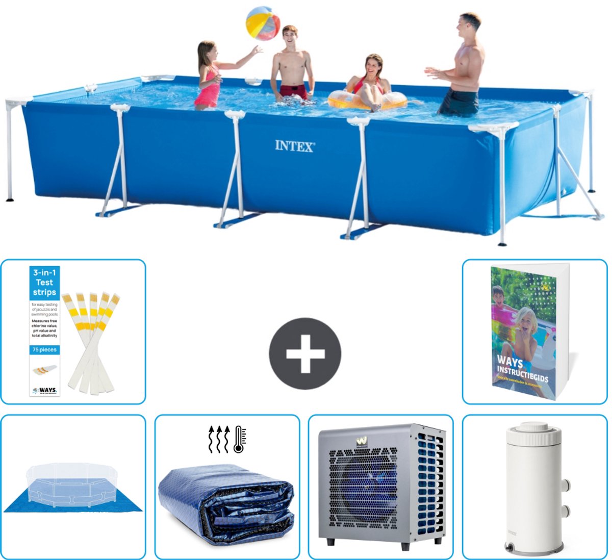 Intex Rechthoekig Frame Zwembad - 450 x 220 x 84 cm - Blauw - Inclusief Grondzeil - Solarzeil - Warmtepomp - Zwembadfilterpomp - 7-delig