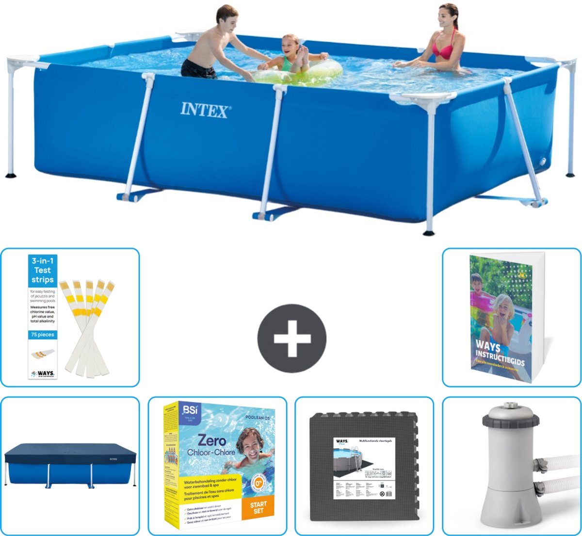 Intex Rechthoekig Frame Zwembad - 300 x 200 x 75 cm - Blauw - Inclusief Afdekzeil - Onderhoudspakket - Vloertegels - Zwembadfilterpomp - 7-delig