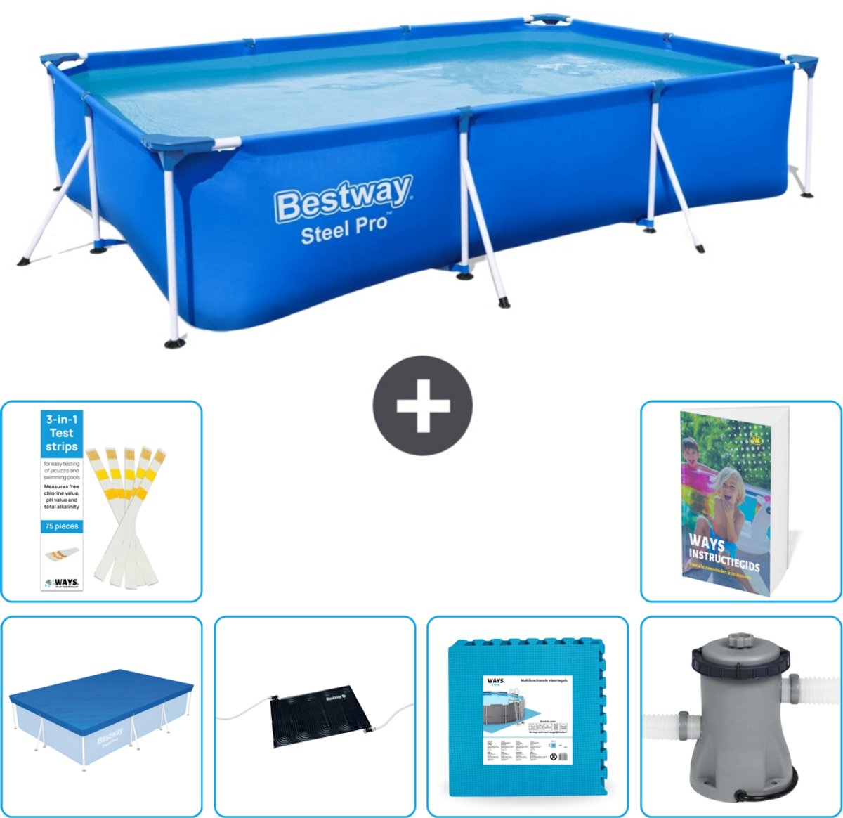 Bestway Rechthoekig Steel Pro Zwembad - 300 x 201 x 66 cm - Blauw - Inclusief Afdekzeil - Solar Mat - Vloertegels - Zwembadfilterpomp - 7-delig