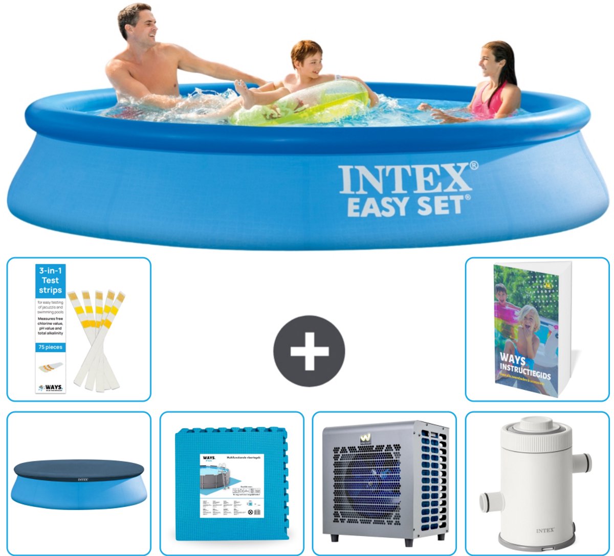 Intex Rond Opblaasbaar Easy Set Zwembad - 305 x 61 cm - Blauw - Inclusief Afdekzeil - Vloertegels - Warmtepomp - Zwembadfilterpomp - 7-delig