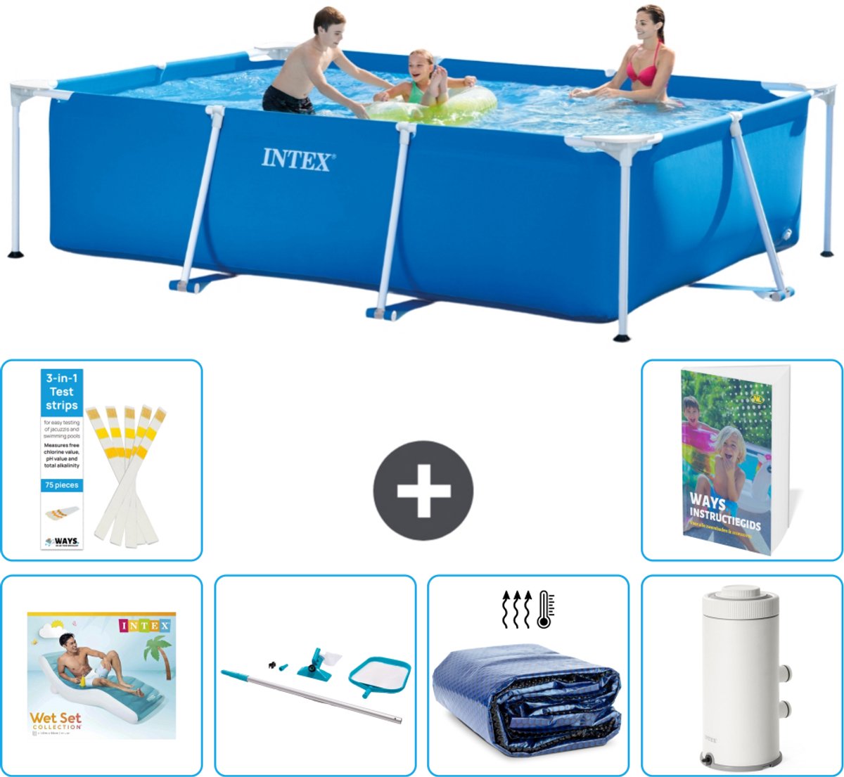 Intex Rechthoekig Frame Zwembad - 300 x 200 x 75 cm - Blauw - Inclusief Loungebed - Schoonmaakset - Solarzeil - Zwembadfilterpomp - 7-delig